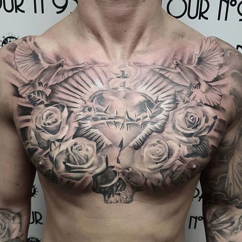 Juncha Tattoo, Rosen Tattoo Mann, Best Chest Tattoos For Men, Tattoo Peito, Tattoo Healing Process, Full Chest Tattoos, Family Tattoos For Men, Sacred Heart Tattoos, Herz Tattoo