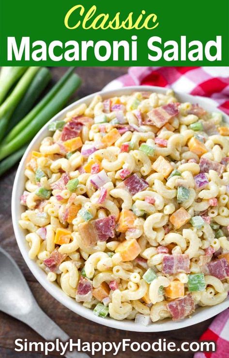 Classic Macaroni Salad is the one that I always look for at potlucks. With a simple and tasty dressing, not too heavy on the mayo or mustard, and full of flavor. I like lots of add-ins, but you can add just what you like. This is the best macaroni salad recipe, and is delicious and very popular! simplyhappyfoodie.com #macaronisalad Mayo Pasta Salad Recipes, Macaroni Pasta Salad, Mac Salad Recipe, Easy Macaroni Salad, Classic Macaroni Salad, Classic Pasta Salad, Best Macaroni Salad, Easy Macaroni, Mac Salad