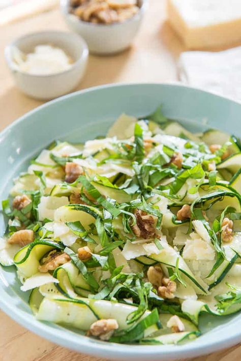 Zucchini Ribbon Salad - With Basil, Walnuts, and Grana Padano Fruit Sides, Zucchini Ribbon Salad, Ribbon Salad, Light Lunches, Vegetable Salads, Ottolenghi Recipes, Zucchini Ribbons, Yummy Salads, Zucchini Salad