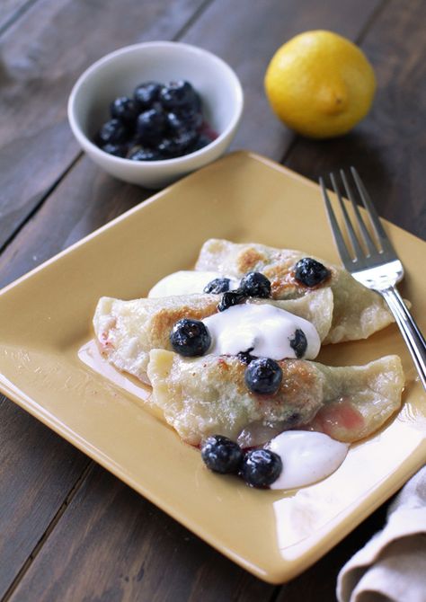 Lemon Blueberry Pierogi with Spiced Sour Cream Blueberry Pierogi, Perogie Dough Recipe, Cheese Pierogi Recipe, Pierogi Recipes, Polish Dumplings, Pierogi Recipe, Ukrainian Recipes, Best Comfort Food, Polish Recipes