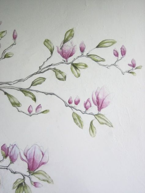 Handpainted Magnolia mural Magnolia Mural, Japanese Magnolia, Magnolia Paint, Wall Murals Diy, Painting Flowers, Decor Tips, Watercolor Artwork, Wall Paint, Shiva