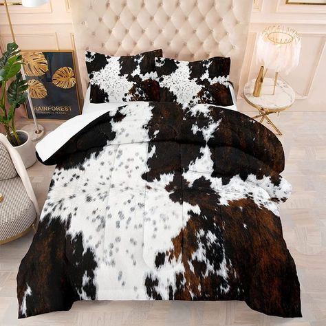 Cow Print Comforter, Cow Print Bedding, Western Farmhouse, White Cow Print, Western Bedding, Brown Cowhide, Rustic Bedding, 3dprinting Design, White Cow