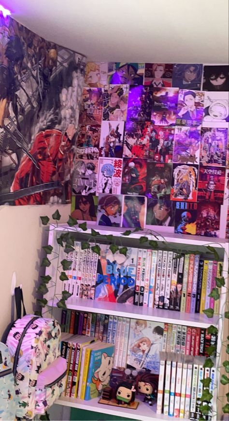 Anime Room Inspo Manga, Anime Themed Room Aesthetic, Anime Room Ideas Boys, Anime Rooms Bedrooms, Small Anime Room Ideas, Aesthetic Anime Room Ideas, Anime Gamer Room, Anime Wall Art Bedroom, Anime Room Ideas Bedrooms