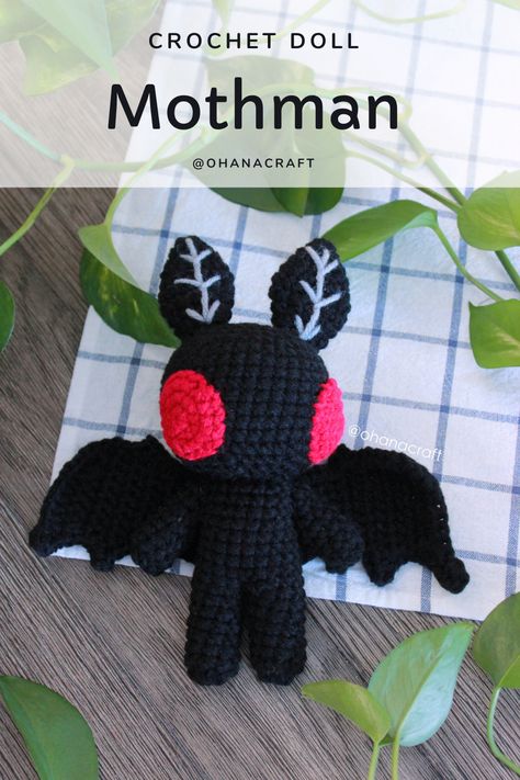 Free Mothman Crochet Pattern, Mothman Amigurumi Pattern Free, Crochet Mothman Pattern Free, Crochet Spooky Pattern Free, Weird Amigurumi Free Pattern, Wendigo Crochet Pattern, Crochet Cryptid Pattern, Moth Man Crochet, Crochet Mothman Free Pattern