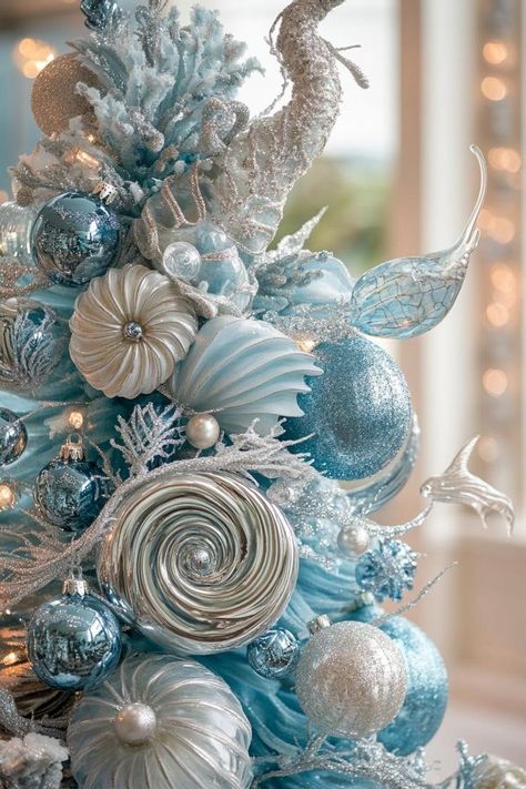 Pale Blue Christmas Decor, Brown And White Christmas Tree, Blue And Silver Christmas Tree Ideas, Light Blue Christmas Decor, Christmas Tree Light Blue, Baby Blue Christmas Decor, Christmas Aesthetic Decoration, Brown And White Christmas, Aqua Christmas Decor