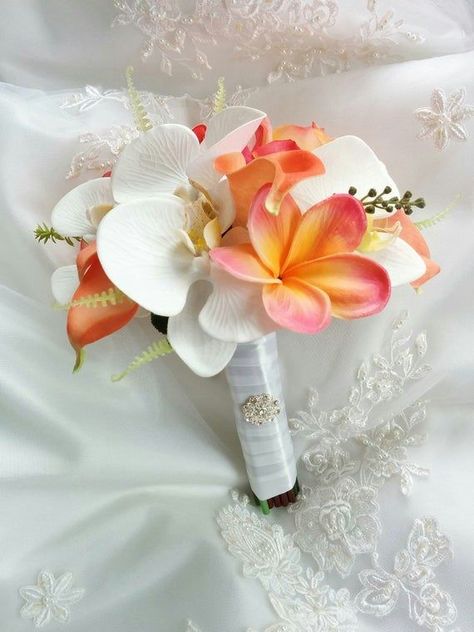 Plumeria Bouquet, Tropical Bridal Bouquet, Orchid Bouquet Wedding, Tropical Wedding Bouquets, Silk Flower Wedding Bouquet, Wedding Coral, Orange Wedding Flowers, Violet Wedding, Calla Lily Bouquet