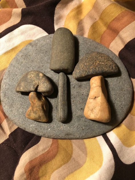 Found unaltered river stones turned into mushrooms. Made by Rebecca Cotreau Driftwood Mushroom Art, Flat Rock Art Ideas, River Rock Crafts Diy Projects, Rock Craft Ideas, Mushroom Pebble Art, Outdoor Rock Display Ideas Diy, Mushroom Rock Art, Polished Rock Crafts, Mushroom Rock Painting Ideas