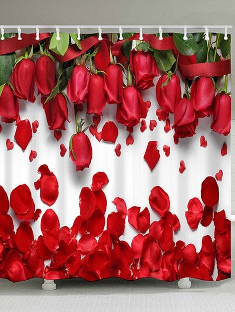 Valentine's Home Decoration, Hookless Shower Curtain, Rose Shower Curtain, Rose Flower Print, Waterproof Bathroom, Valentines Roses, Red Home Decor, Curtain Ideas, Boutique Interior