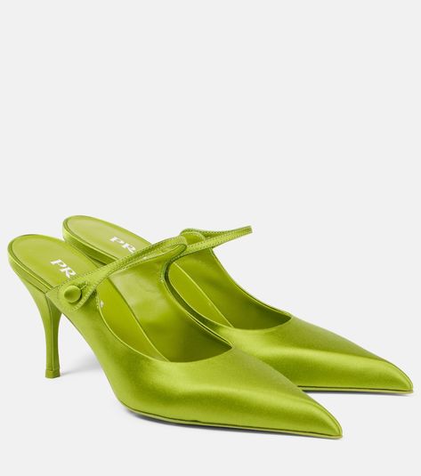 85 satin mules in green - Prada | Mytheresa Prada Heels, Mid Heels Pumps, Prada Designer, Prada Shoes, Mid Heel, Shoe Box, Pump Shoes, Mule, Pumps Heels