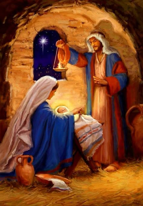 Mary, Joseph and baby Jesus in the stable by the Star of Bethlehem of Christmas Catholic Images, Jesus Christ Art, Pictures Of Jesus Christ, Blessed Mother Mary, O Holy Night, Christmas Nativity Scene, Religious Christmas, Birth Of Jesus, Christmas Characters