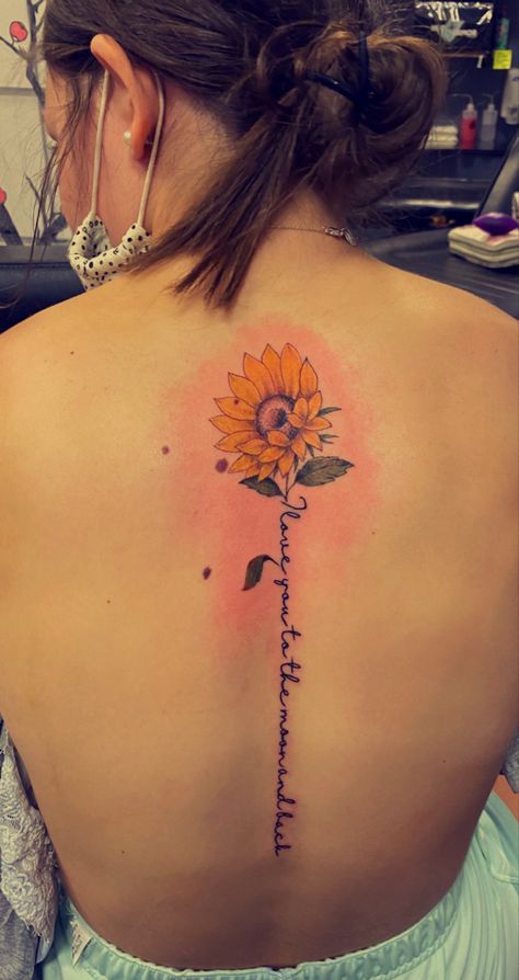 Sunflower Tattoo On Spine, Spine Tattoos With Sunflowers, Back Tattoo Women Sunflower, Sunflower Back Tattoo Spine, Sunflower Memorial Tattoo Mom, You Are My Sunshine Spine Tattoo, Sunflower Spine Tattoos For Women, Sunflower Spine Tattoo, Delicate Spine Tattoo