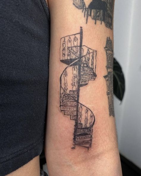 Staircase Tattoo, Fawn Tattoo, Tattoo Fixes, Modern Art Tattoos, Vintage Style Tattoos, Wrought Iron Staircase, History Tattoos, Funky Tattoos, Iron Staircase