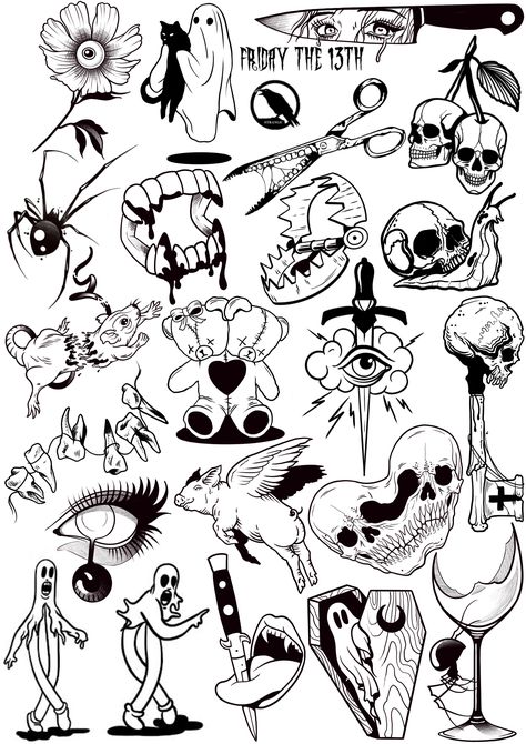 Gore Flash Tattoo, Patchwork Shin Tattoo, Behind Ear Tattoo Halloween, Horror Movie Flash Sheet, Dark Tattoo Flash Sheet, Horror Tattoos Patchwork, Simple Ghost Face Tattoo, Simply Tattoos Small, Easy Halloween Tattoo Ideas