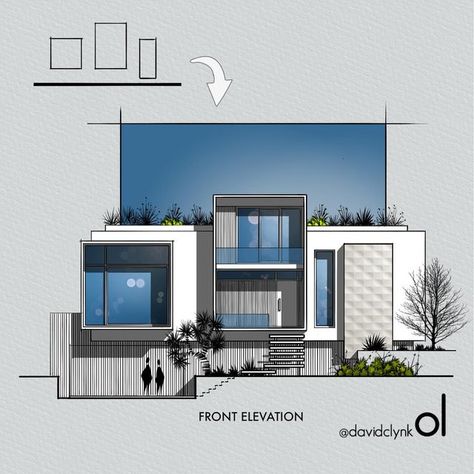 David Clynk | design & illustrations on Instagram: "3 box base geometry into front elevation concept using #procreate . . . . #architecturestudent #showitbetter #archolution #arquitectura #archilovers #architecturedrawings #iarchitectures #archihub #architrendz#architecturalillustration #koozarch #archisource #crazy_architecturee #illustrarch #arch_more #elevations #boxmodern #pensketches #architects_vision #architects_vision #architects_need" Chalet Elevation Design, Facade Sketch Architecture, Elevation Concept, Interior Architecture Sketch, Exterior Sketch, Modern Bungalow Exterior, Small Modern House Plans, Elevation Drawing, House Outer Design