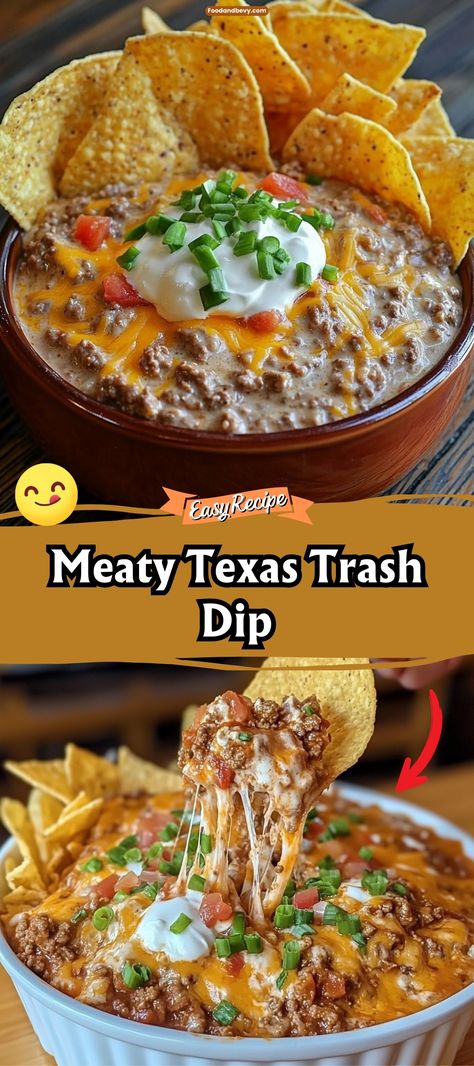 Dive into the hearty Meaty Texas Trash Dip, loaded with ground beef, beans, and melted cheese, spiced up with a touch of Tex-Mex flair. This dip is a hit at gatherings, ensuring no one walks away hungry. Serve it hot with tortilla chips for dipping. #TexasTrashDip #PartyDip #HeartyAppetizer Dip With Ground Beef, Tex Mex Dip, Hot Bean Dip, Meaty Appetizers, Texas Trash Dip, Chip Dip Recipes, Casseroles Recipes, Homemade Sloppy Joe Recipe, Dip For Tortilla Chips