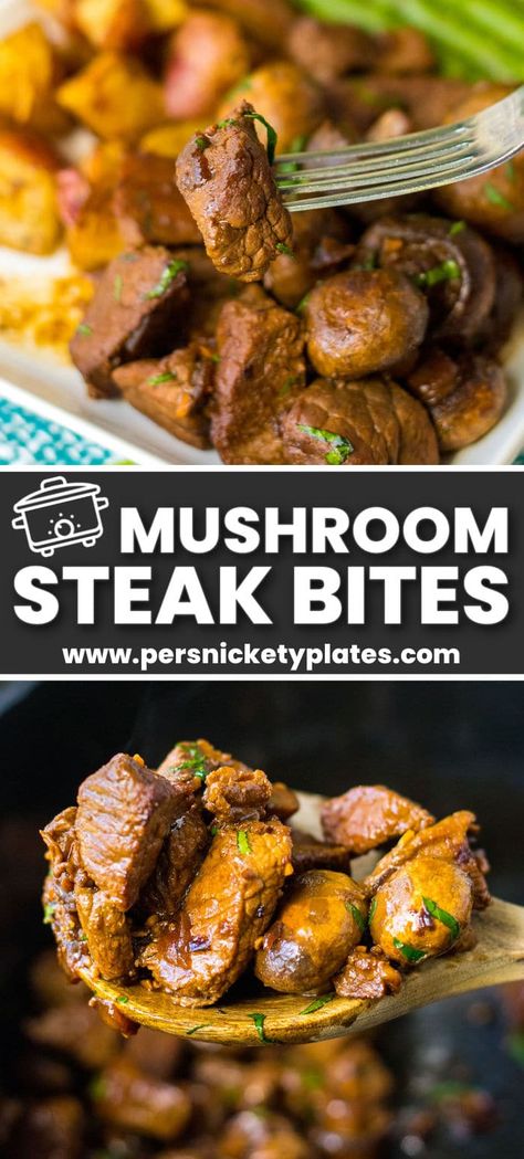 A few simple ingredients and just 10 minutes of prep time make these slow cooker mushroom steak bites a big hit! Slow cooked until fall-apart tender, the perfectly seasoned steak tips are soaked in a beef flavored au jus that can just as easily be thickened into a gravy. Serve with egg noodles or mashed potatoes for a comforting meal everyone will love coming home to. Slow Cooker Steak And Mushrooms, Crockpot Steak Bites With Mushrooms, Steak And Mushrooms Crockpot, Mushroom Steak Bites, Seasoned Steak, Mushroom Steak, Persnickety Plates, Slow Cooker Steak, Crockpot Steak