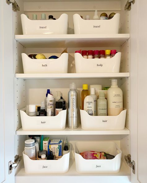 Bathroom Backstock Organization, Organised Bathroom Cupboard, Bathroom Draws Organisation, Small Bathroom Cupboard Organization, Ikea Bins Storage, Ladybug Organization, Bathroom Cupboard Organization, Bathroom Cupboards, Bathroom Cupboard