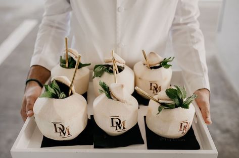 Bali Cocktail Wedding, Spa Welcome Drink, Sophisticated Beach Wedding, Tropical Welcome Party, Coconut Wedding Decor, Beach Wedding Mood Board, Beachy Wedding Decor, Bali Wedding Ideas, Beach Wedding Drinks