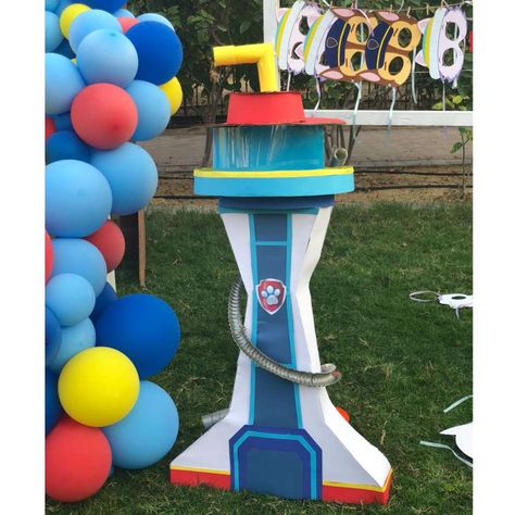 Yassin’s Paw-esome Party | CatchMyParty.com Paw Patrol Outdoor Party Ideas, Paw Patrol Trunk Or Treat Ideas, Paw Patrol Diy Tower, Paw Patrol Trunk Or Treat, Paw Patrol Props, Paw Patrol Lookout Tower Diy Cardboard, Diy Paw Patrol Decorations, Paw Patrol Birthday Backdrop, Paw Patrol Lookout Tower