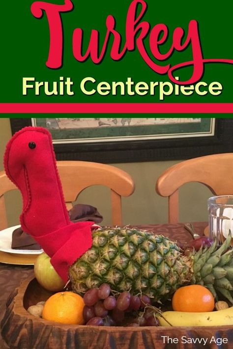 Turn a pineapple into a Thanksgiving decoration and make an edible turkey centerpiece. No sew printable included. The old fashioned turkey is a Thanksgiving dinner table tradition. #pineappleturkeycenterpiece #nosewthanksgivingcraft #printable #turkeydecoration #thanksgivingcenterpieceeasy Turkey Pineapple, Pineapple Turkey, Preparing Thanksgiving Dinner, Thanksgiving Traditions Family, Thanksgiving Fruit, Pineapple Centerpiece, Edible Centerpieces, Fruit Centerpieces, Easy Thanksgiving Crafts