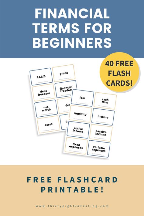 Free flash card printable for financial terms Banking Terminology, Financial Terms, Words To Know, Accounting Education, Fixed Asset, Debt Freedom, Accountability Partner, 9th Grade, Retirement Accounts