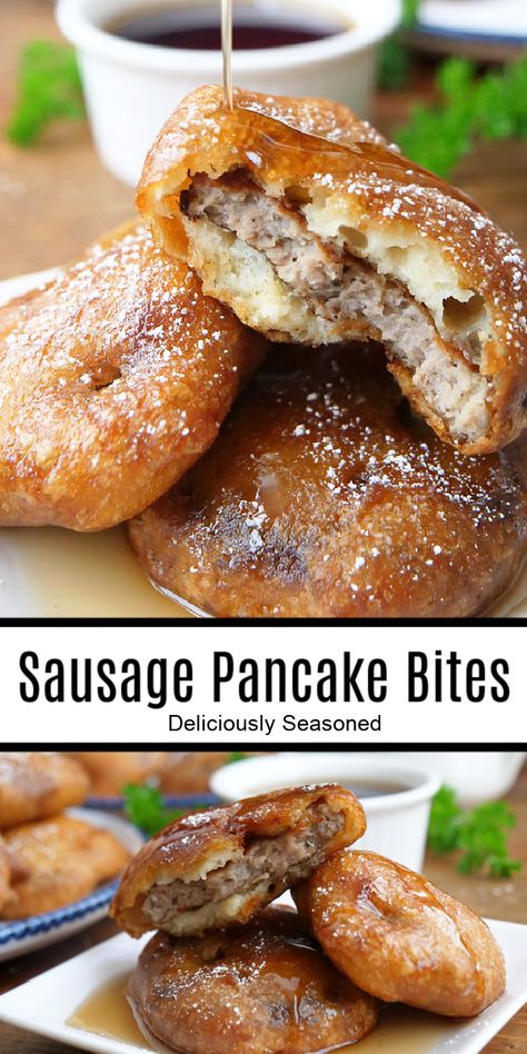 Pancake Sausage Bites is a family friendly recipe that everyone will love, made with zesty sausage patties that are dipped in a delicious pancake batter and deep fried, and topped with powdered sugar and maple syrup. Sausage Pancake Bites, Pancake Sausage, Sausage Bites, Sausage Patties, Pancake Bites, Pancake Batter, Best Breakfast Recipes, Breakfast Recipes Casserole, Breakfast Brunch Recipes