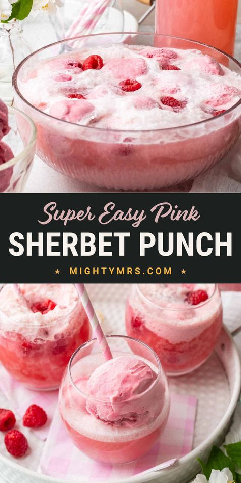 Delight your guests with this super easy Pink Sherbet Punch! Perfect for baby showers and summer gatherings, this vibrant blend of sparkling soda and creamy sherbet will be refreshing for your guests. This frothy pink punch made with raspberry sherbet is a favorite, easy party drinks. It's also a fun and easy punch to make for Valentine's Day or a princess birthday party Pink Party Punches, Pink Punch Recipes, Sherbet Punch Recipes, Easy Party Drinks, Sherbet Punch, Baby Shower Punch, Pink Snacks, Raspberry Sherbet, Easy Punch