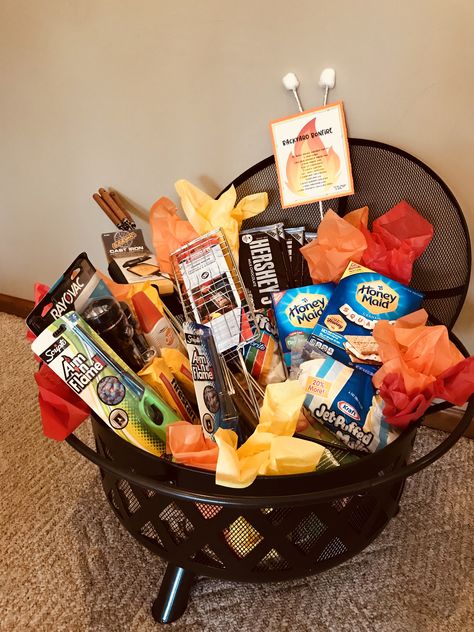 Backyard bonfire Fire pit for silent auction Christmas Gift Baskets For Men, Silent Auction Gift Basket Ideas, Camping Gift Baskets, Silent Auction Basket, Auction Gift Basket Ideas, Fundraiser Baskets, Silent Auction Baskets, Auction Basket, Backyard Bonfire