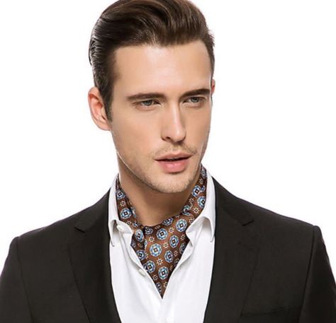 Suit With Ascot, Mens Scarf Fashion, Scarves Men, Bandanas Men, Black Suit Men, Ascot Ties, Bandana Style, Dress Suits For Men, Bandana Styles