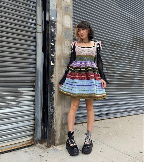 dress from fruitbratcrochet and shoes from miu miu! Grunge Knitwear, Ashley Best Dressed, Professional Overthinker, Diy Crochet Projects, Best Dressed, Knitting Inspiration, Crochet Fashion, Cute Crochet, Crochet Crafts