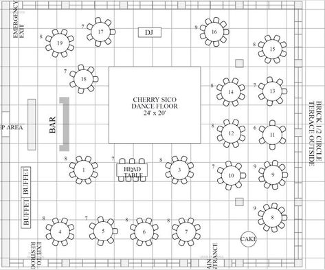 This reception had 150 guests with a buffet dinner and a DJ.  There was also a wood dance floor. Wood Dance Floor, Wedding Floor Plan, Plated Dinner, Reception Layout, Bar Flooring, Brick Floor, Beverage Station, Outside Bars, Banquet Table