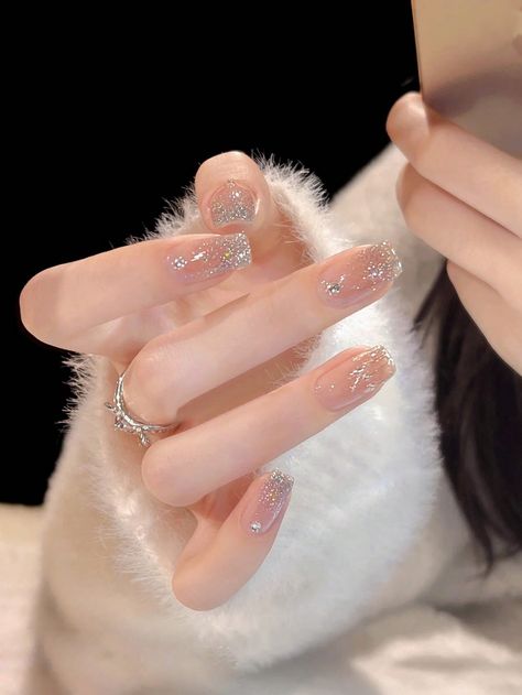 Sparkly Gel Nails, Pink Sparkly Nails, Douyin Nails, Nail Korea, Soft Pink Nails, Nail Tip Designs, Squoval Nails, Asian Nails, Lace Nails