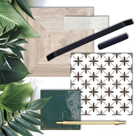 a mood board or flat lay that shows a monochrome tile compilation with tropical leaves Tropical Moodboard, Lucas St, Mood Board Interior, Black White Bathrooms, Interior Design Games, Monochrome Palette, Pattern Tile, Tile Texture, Wood Effect Tiles