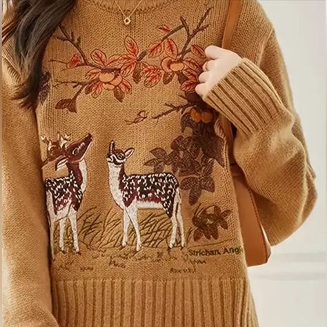 Adorable Sweater ! Very Soft New In Bag Acrylic Nylon Viscose Classic Pull Over With Super Detailed Fall Deer Embroidery Fall Leaf Sweater, Knit Fall Sweater, Cozy Winter Aesthetic Outfits, Woodland Clothes, Whimsigoth Sweater, Earthy Sweater, Woodland Sweater, Deer Clothes, Grandmacore Sweater