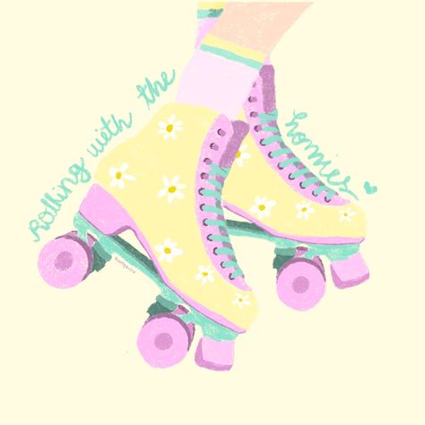 Cool Roller Skate Designs, Roller Skate Painting Ideas, Roller Skate Painting, Retro Roller Skates Aesthetic, Barbie Illustration Art, Roller Skating Illustration, Roller Skates Drawing, Roller Skates Illustration, Roller Skating Art