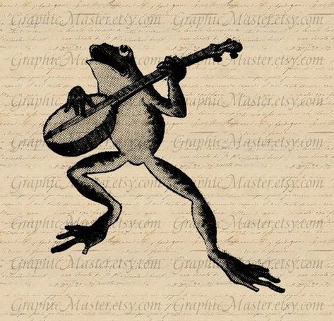 Frog With Banjo, Musical Animals, Banjo Frog, Transfer To Fabric, Sk8 Board, Instrument Art, Board Collage, Cat Walking, Frog Tattoo