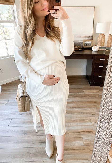 Pregnant Sweater Dress, Sweater Slip Dress Outfit, Slip Dress With Sweater, Ivory Sweater Dress, Dresses With Black Tights, Maternity Sweater Dress, White Maternity Dresses, Fall Maternity Outfits, Slip Dress Outfit