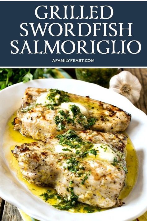 Food And Wine Magazine Recipes, Sicilian Swordfish, Swordfish Steak Recipe, Lemon Herb Sauce, Feast Recipes, Grilled Swordfish, Swordfish Recipes, Grilled Fish Recipes, Grilled Seafood Recipes