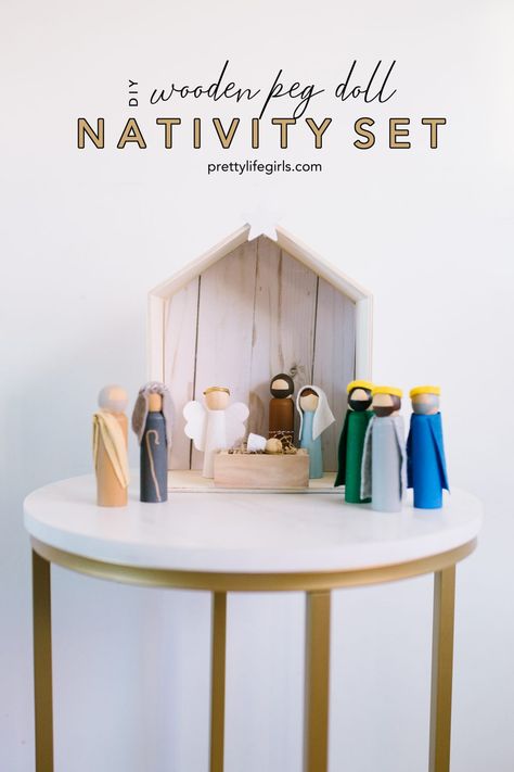 How to Make your Own DIY Wooden Peg Doll Nativity Set | The Pretty Life Girls Peg Doll Nativity, Nativity Peg Doll, Unfinished Wood Boxes, Christmas Signs Diy, Diy Nativity, Diy Christmas Village, Christmas Card Ornaments, Wood Peg Dolls, Pretty Life