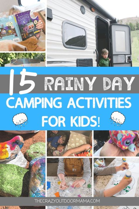 If you're going family camping this summer, then you have to be prepared for that inevitable rainy camp day! I got 15 awesome rainy day camping activities for kids to break the boredom as well as have fun together! I also included a 12 page printable camping themed kids activity pack to really get the fun going for little kiddos whether you're in an rv travel trailer or tent! #campingwithkids #campingwithkidsplanning #familycamping #rainydayactivities #campingtips #thecrazyoutdoormama Rainy Day Camping Activities For Kids, Rainy Day Camping Activities, Camping Activities For Toddlers, Cousin Sleepover, Minimalist Camping, Camp Games, Camp Party, Camping Toys, Rainy Day Activities For Kids