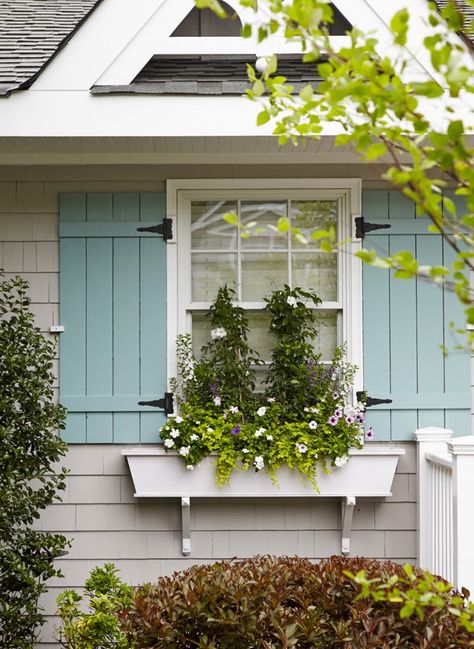 Shutters: Benjamin Moore Azure Water 677; House: La Paloma Gray 1551 Shutters And Window Boxes, Beach Cottage Exterior, House Shutters, Board And Batten Shutters, House Of Turquoise, Pintura Exterior, Cottage Exterior, Favorite Paint Colors, Beach Cottage Style