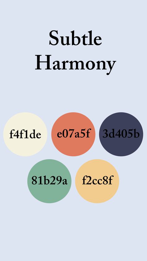 The colors seem to have a balanced and harmonious feel, and the adjective "subtle" reflects the muted and calming tones present in the palette. "Harmony" reinforces the idea that these colors work well together and create a cohesive and pleasing visual combination. Overall, the name aims to capture the essence of a calm and balanced color palette. Calm Color Combinations, Harmony Color Palette, Harmony Color, Calm Color Palette, Church Design, Better Together, Design Inspo, Color Palettes, Color Palette