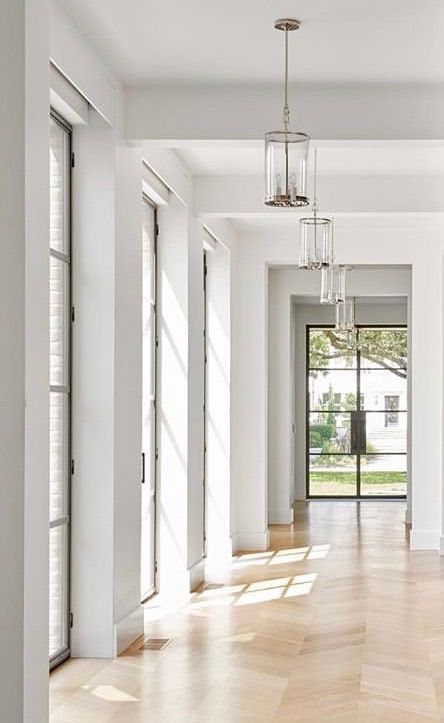 Apartment Hallway Lighting Ideas, Long Hallway Pendant Lighting, Windowed Hallway, Long Hallway Lighting, Tall Entryway Ideas High Ceilings, Hallway With Windows, Large Hallway Ideas, Vestibule Entrance, Master Hallway