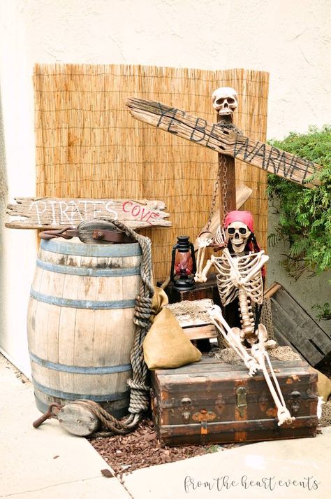 Pirate's Cove from a Pirates of the Caribbean Birthday Party on Kara's Party Ideas | KarasPartyIdeas.com (22) Caribbean Birthday Party, Pirates Of The Caribbean Birthday, Pirate Decorations, Pirate Halloween Decorations, Pirate Halloween Party, Pirate Flags, Skeleton Pirate, Pirate Party Decorations, Pirate Themed Birthday Party