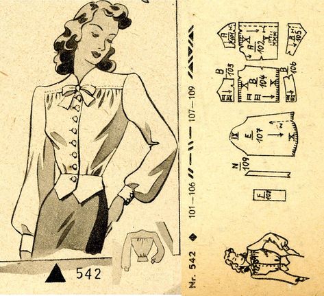 1940s () Blouse Wiener Frauenzeitung Nr 5 No 542 1940s Blouse Pattern Free, 1940s Blouse Pattern, 1930s Blouse Pattern, 1930s Blouse, Blouse Pattern Free, Vintage Blouse Pattern, Victorian Dress Pattern, Vintage Sewing Patterns Free, 1940s Blouse