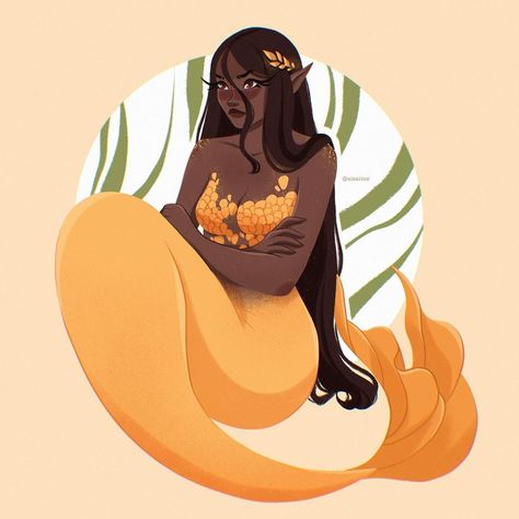 Black Mermaid Drawing, Mermaid Character Art, Merfolk Art, Pose Bases, Black Mermaid Art, Brown Mermaid, Rpg Monsters, Golden Mermaid, Inspirational Drawings