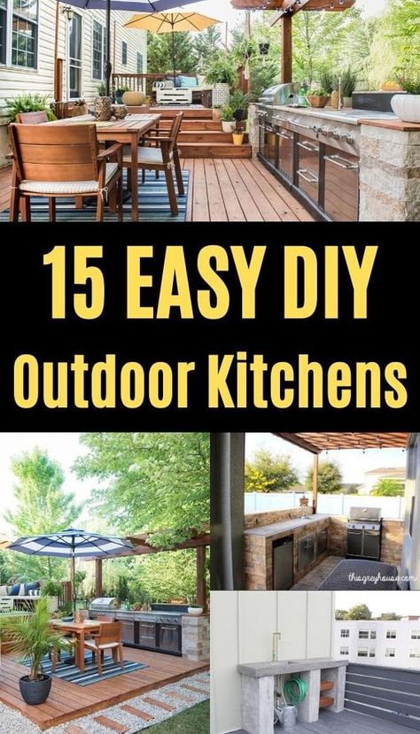 Transform your outdoor space with these 15 incredible DIY outdoor kitchen plans that won't break the bank! 🏡 From simple setups to more elaborate designs, discover how you can create your dream cooking area without overspending. Get inspired to enhance your backyard entertainment and dining experience while enjoying the great outdoors. Let's get building! #OutdoorKitchen #DIYProjects #BackyardIdeas Backyard Cooking Area Diy, Backyard Bbq Area, Diy Outdoor Kitchen Plans, Outdoor Bar And Grill, Outdoor Entertainment Area, Backyard Entertainment, Outdoor Grill Area, Outdoor Cooking Spaces, Outdoor Kitchen Plans