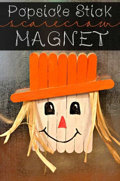 Fall kids craft idea Popsicle Stick Scarecrow, Halloween Interior, Scarecrow Crafts, Easy Thanksgiving Crafts, Thanksgiving Decorations Diy, Easy Fall Crafts, Thanksgiving Crafts For Kids, Magnet Crafts, Adornos Halloween