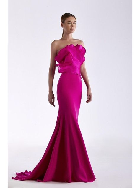 Edward Arsouni Strapless Crepe And Organza Gown Fuschia Gown, Edward Arsouni, Organza Gown, Long Outfit, Organza Gowns, Purple Gowns, Fit And Flare Skirt, Bride Groom Dress, Column Gown