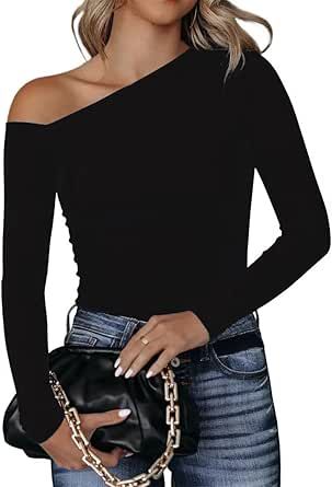 BONITEE Women's One Off Shoulder Tops Asymmetrical Neck Long Sleeve Slim Wrap Tee Shirt Blouse Women Long Sleeve Jumpsuit, Off The Shoulder Bodysuit, Basic Bodysuit, Bodysuit Tops, V Neck Bodysuit, Casual Rompers, Bodysuit Fashion, Shoulder Tops, Basic Long Sleeve